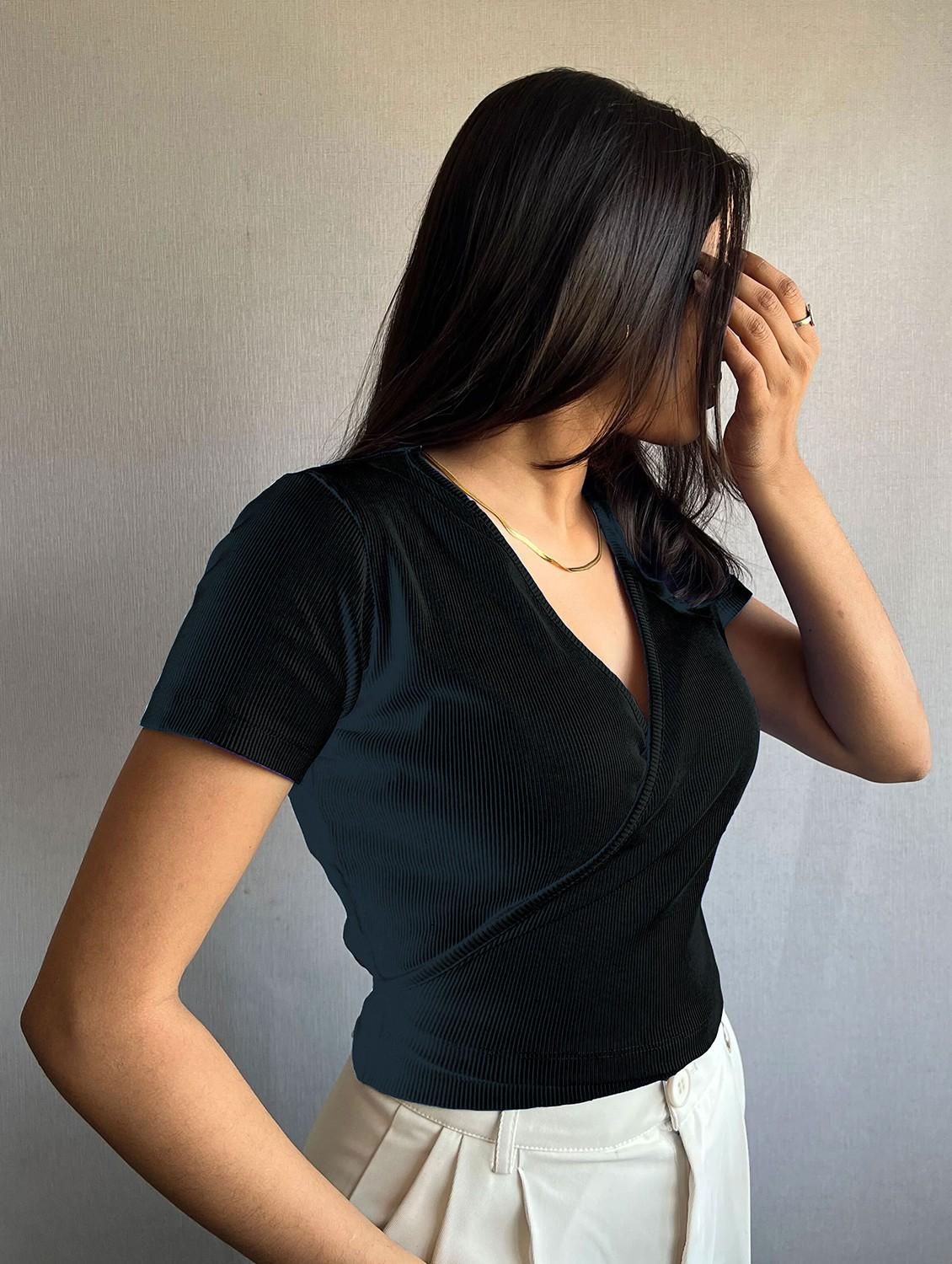 women solid short sleeves wrap top - 20846343 - Standard Image - 1