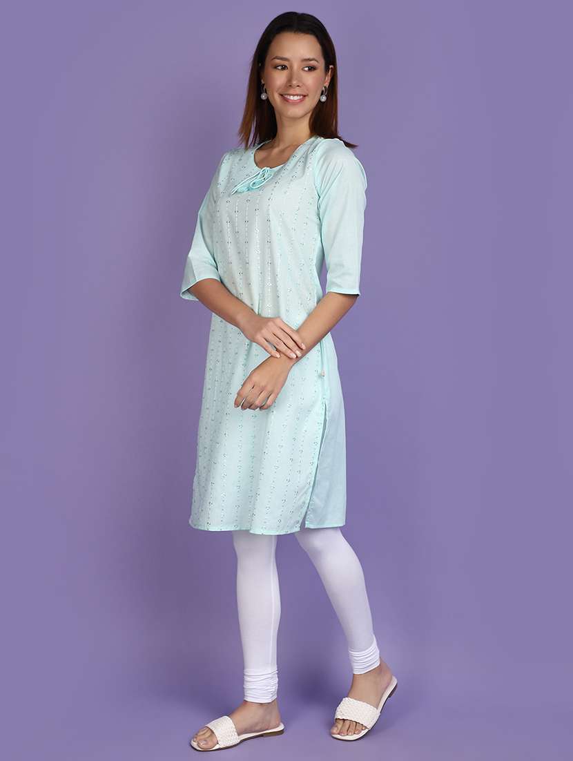 women light blue tie up neck straight kurta - 20846421 -  Standard Image - 1