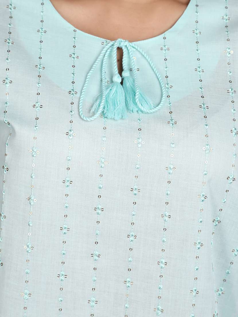 women light blue tie up neck straight kurta - 20846421 -  Standard Image - 4