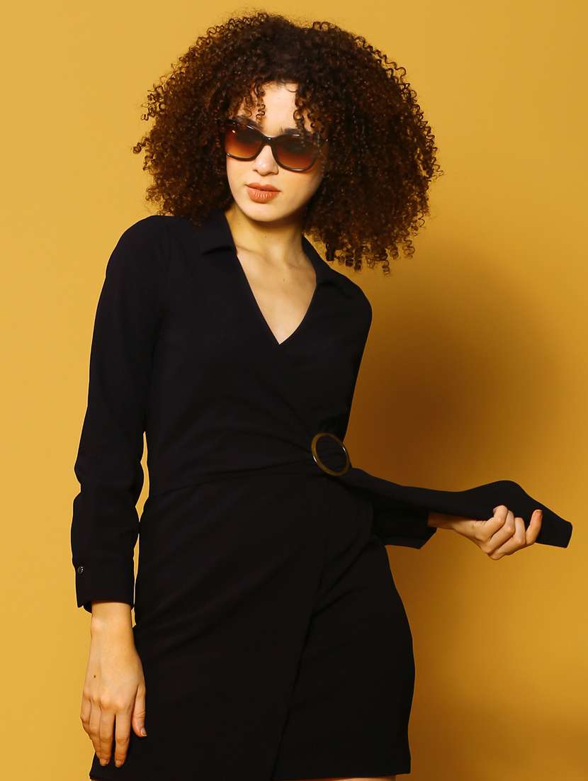 Women Black Solid Wrap Dress