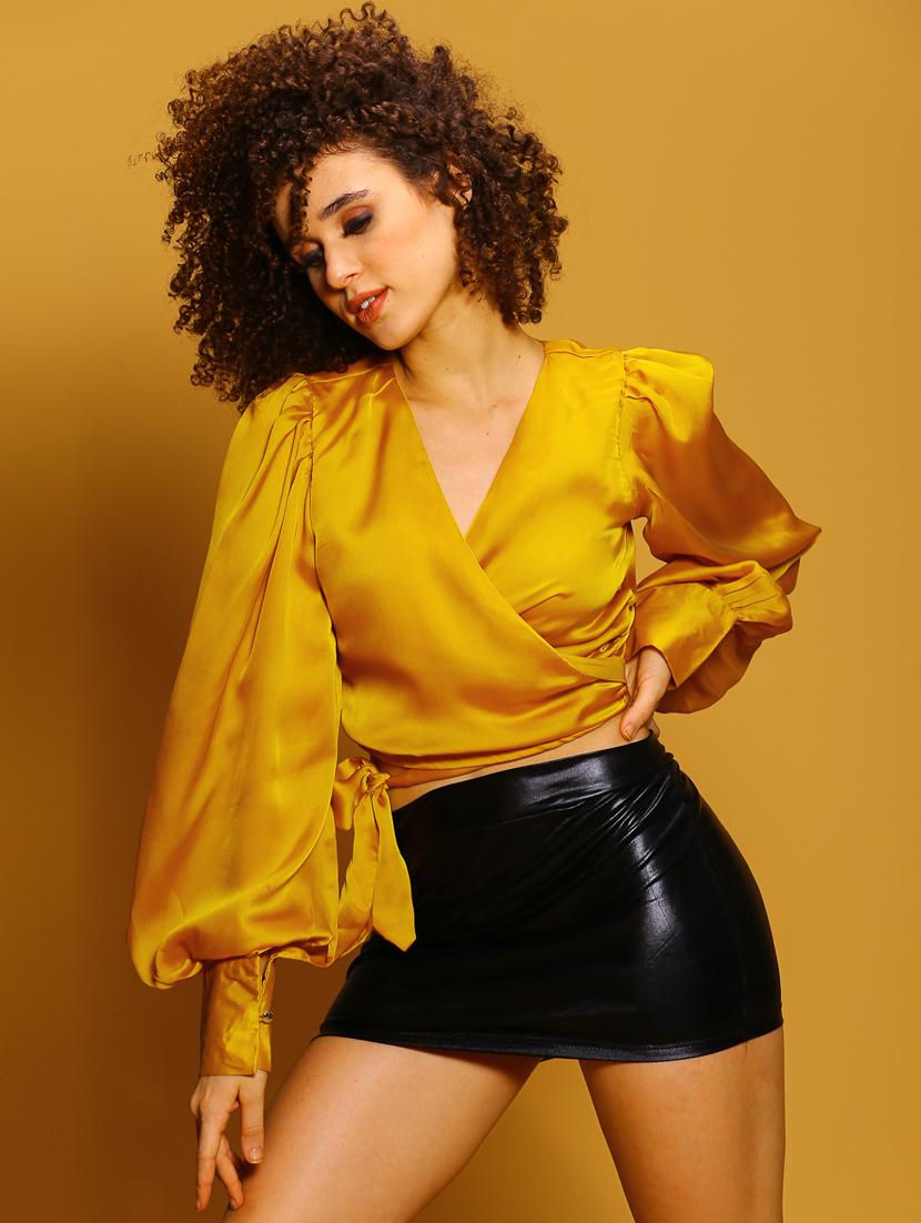 women yellow solid wrap top
