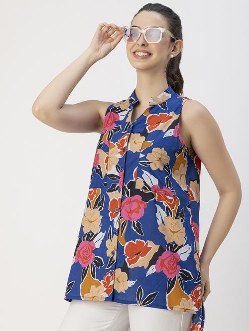 blue cotton floral high-low shirt - 20847959 - Standard Image - 0