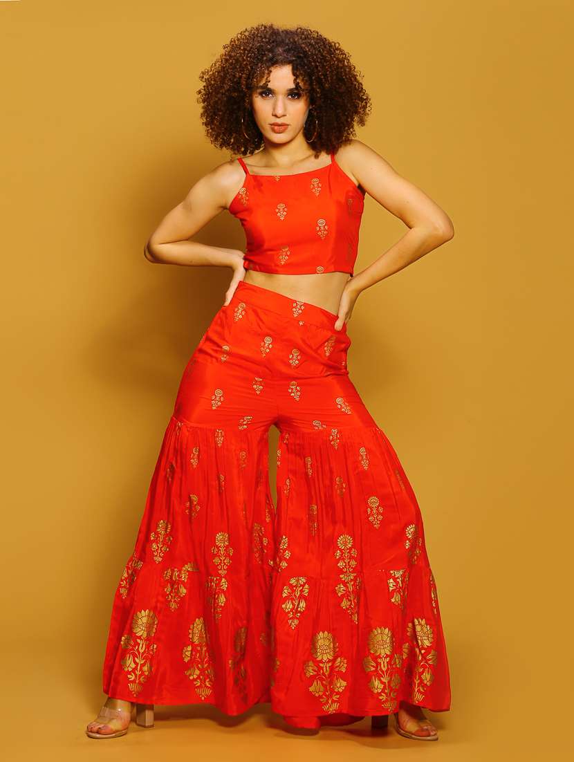 women red printed top and palazzos co-ord set