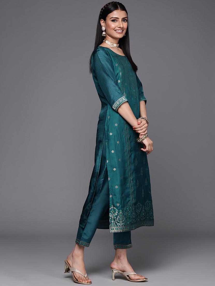 women teal round neck kurta pant set with dupatta - 20848888 - Standard Image - 1