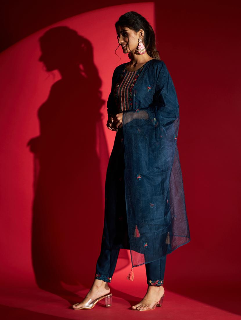 women blue round neck kurta pant set with dupatta - 20848890 - Standard Image - 1