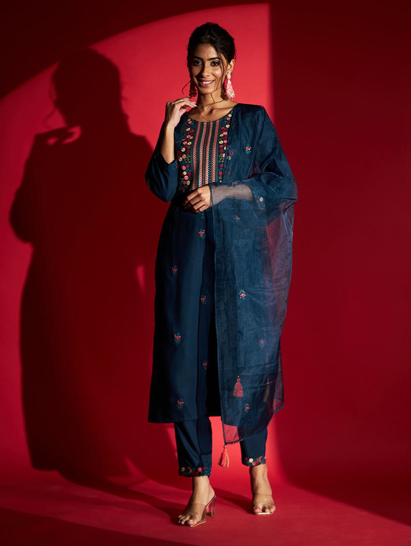 women blue round neck kurta pant set with dupatta - 20848890 - Standard Image - 4