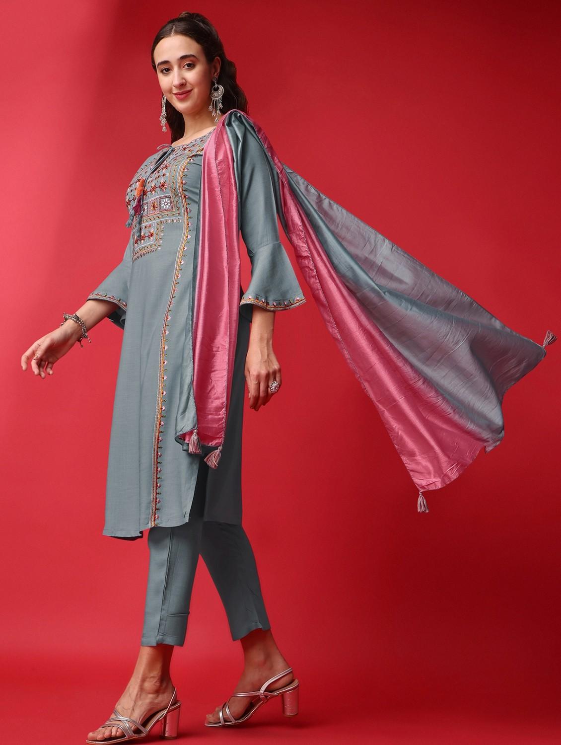 women grey tie up neck kurta pant set with dupatta - 20848893 - Standard Image - 1