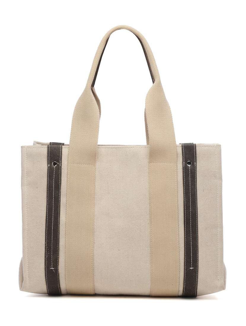 Sisal Cream & Black Solid Cotton Jute & Leather Handheld Bag