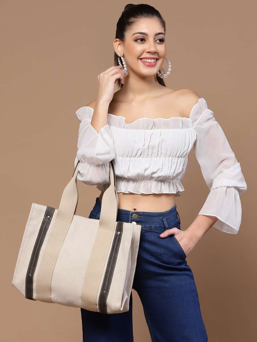 Sisal Cream & Black Solid Cotton Jute & Leather Handheld Bag