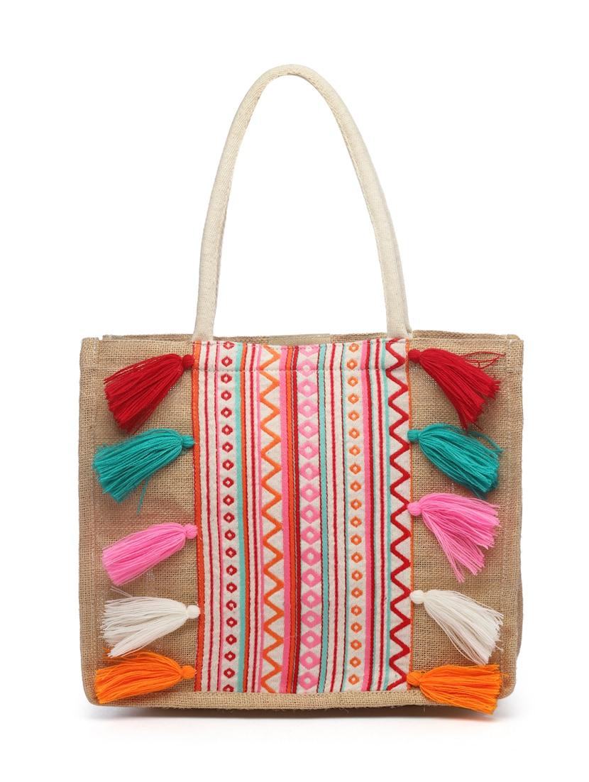 sisal khaki & multi boho striped jacquard jute shoulder bag - 20850248 - Standard Image - 1