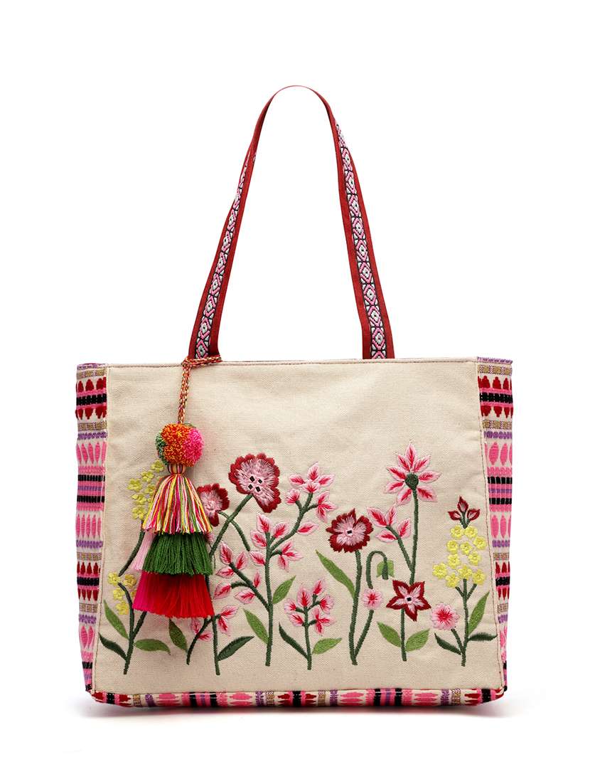 Beige Embroidered Cotton Tote Bag