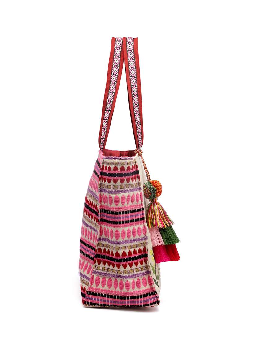 Beige Embroidered Cotton Tote Bag