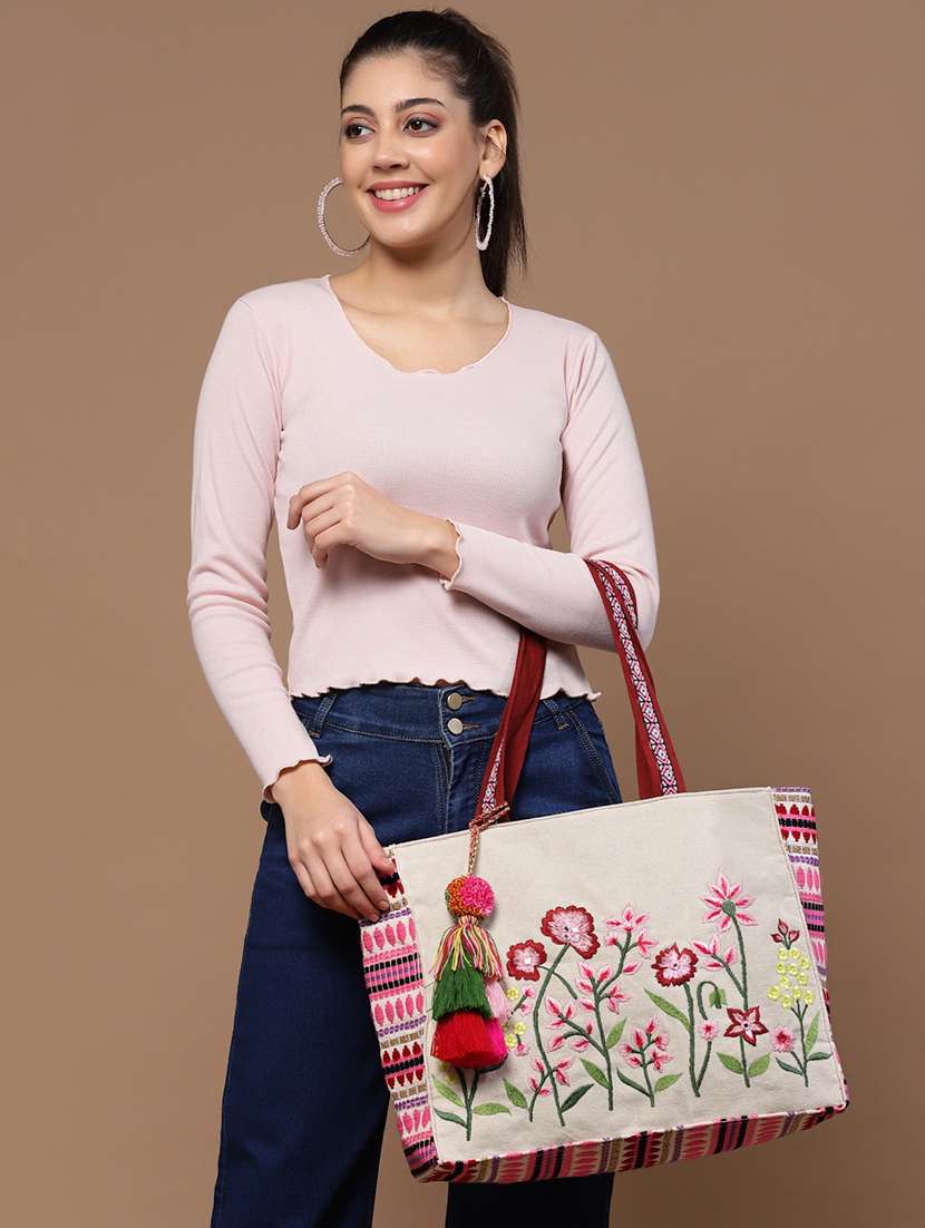 Beige Embroidered Cotton Tote Bag