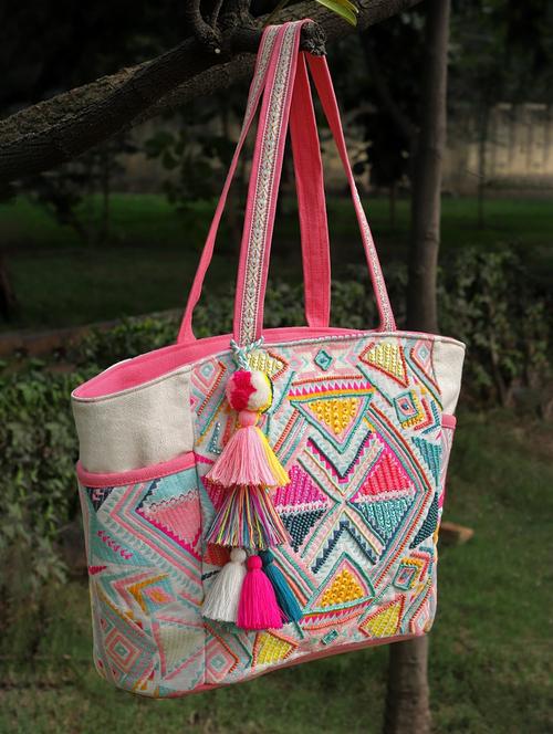 beige embroidered cotton tote bag - 20850255 -  Standard Image - 0
