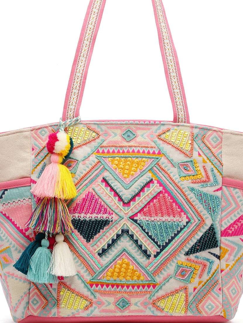 Beige Embroidered Cotton Tote Bag