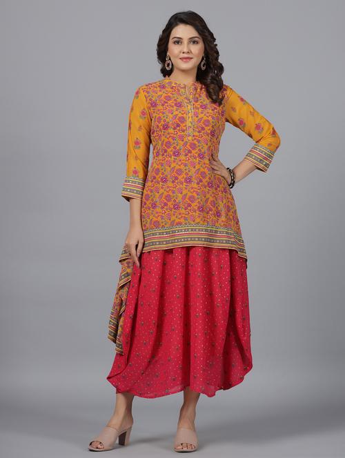 women yellow mandarin neck high low kurta - 20850442 - Standard Image - 0