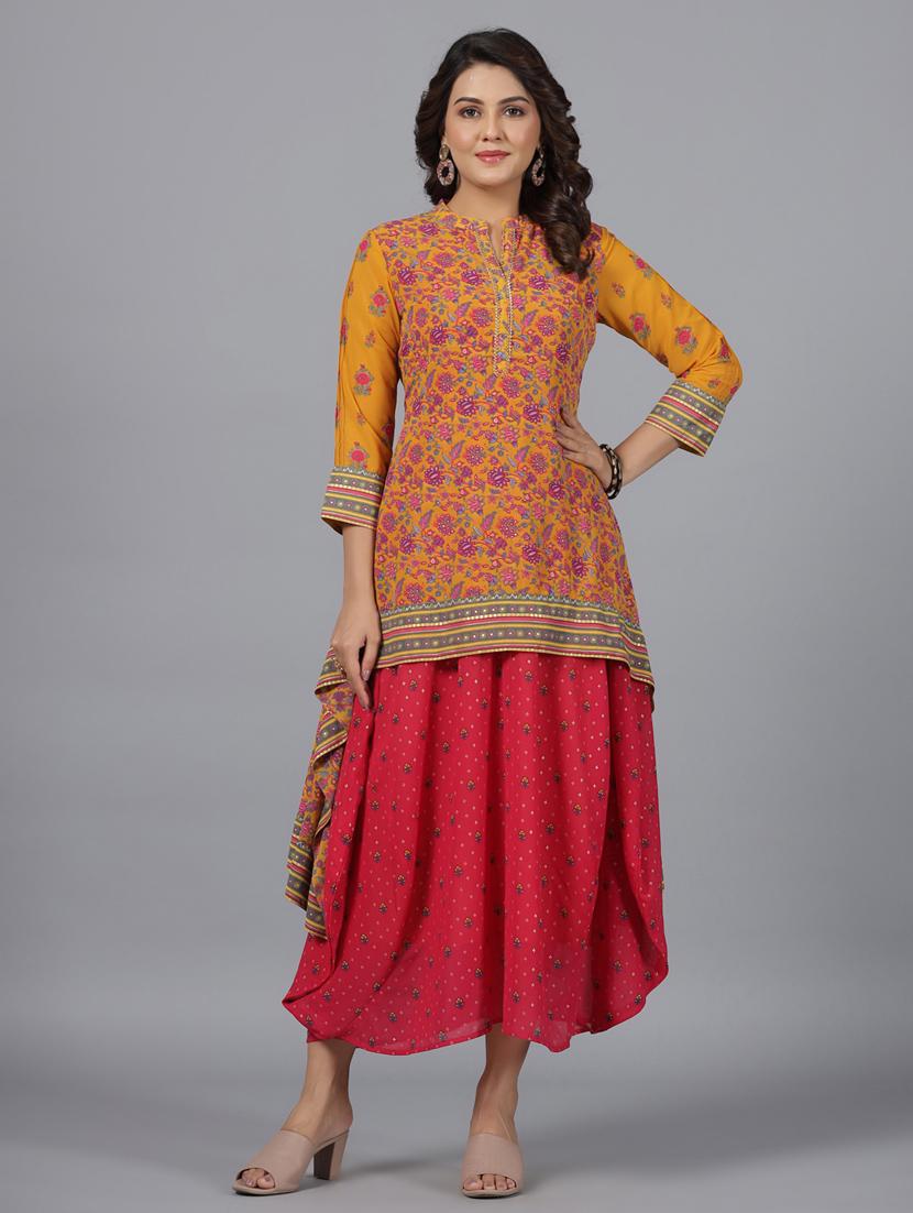 women yellow mandarin neck high low kurta - 20850442 - Zoom Image - 0