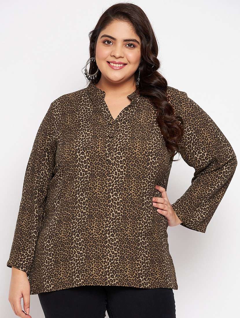 brown printed plus size top