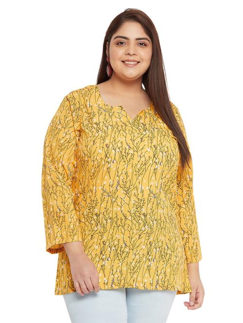 women yellow regular fit floral notch neck plus size top - 20850560 -  Standard Image - 0