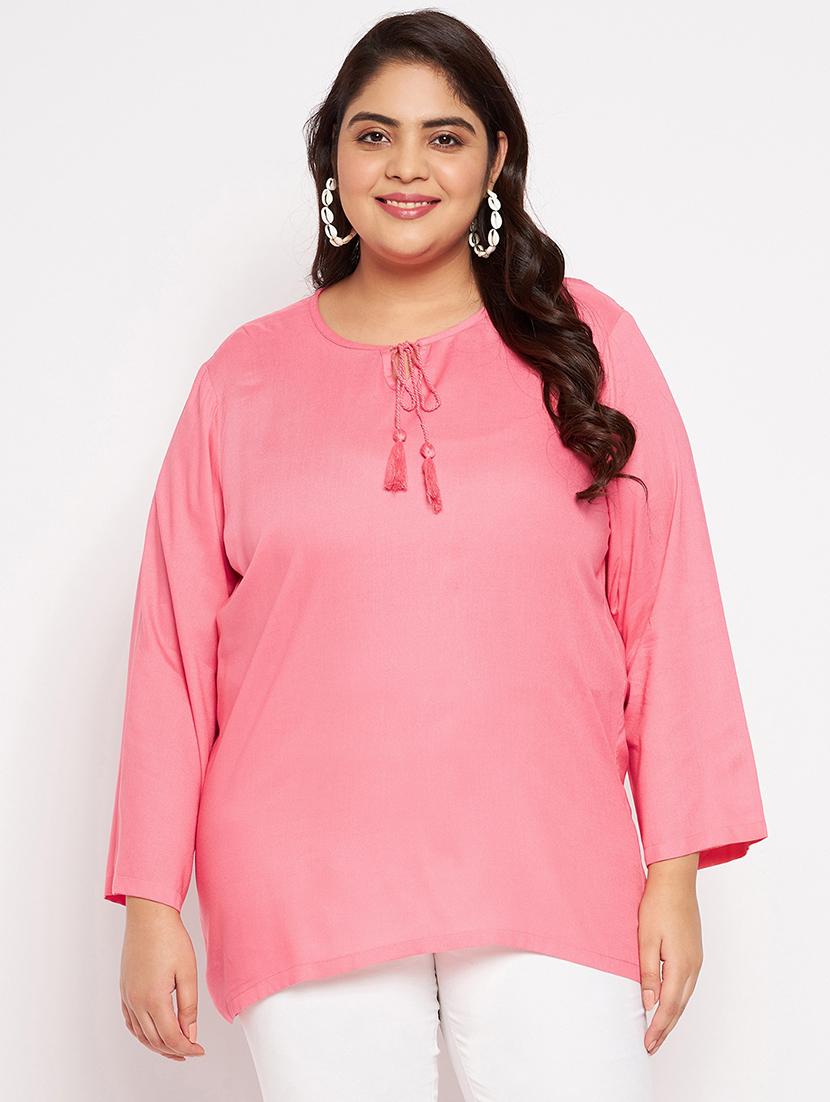 solid pink detailed plus size top - 20850574 - Zoom Image - 0
