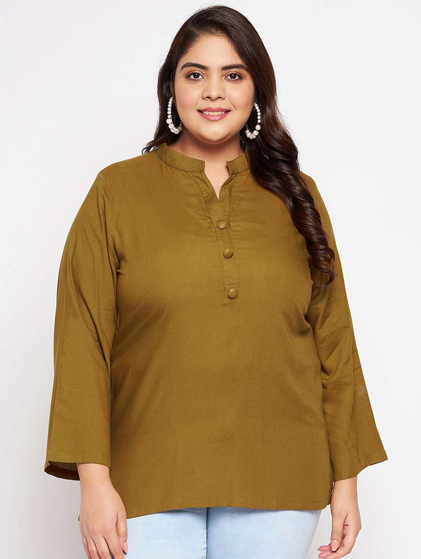 solid khaki brown detailed plus size top