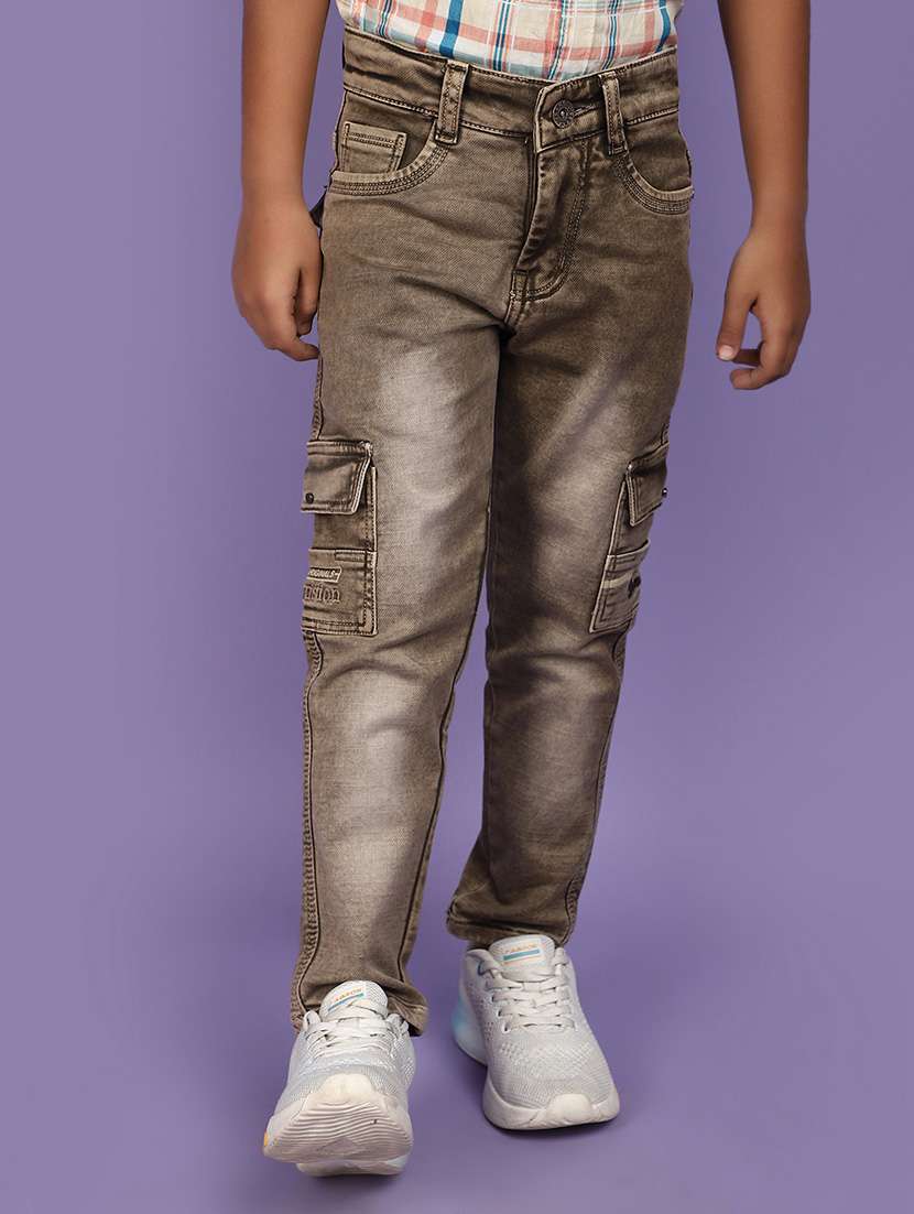 solid brown washed cargo denim jeans