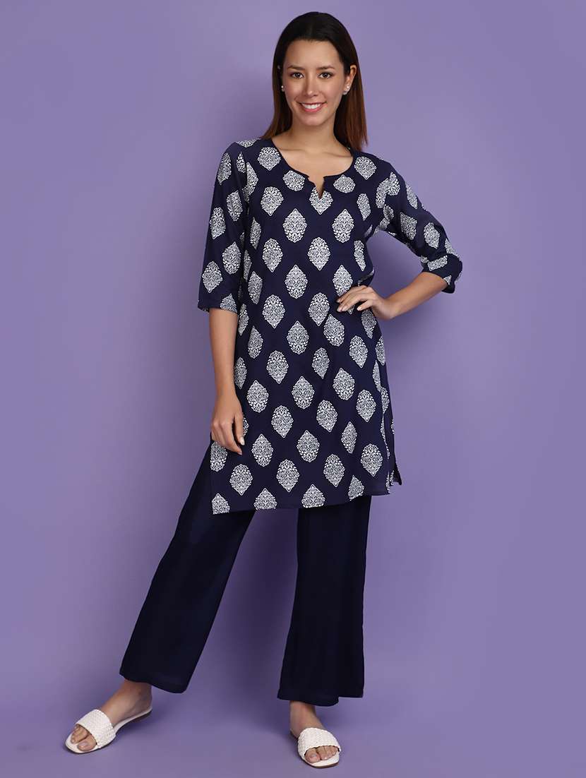 women navy blue printed kurta palazzo set