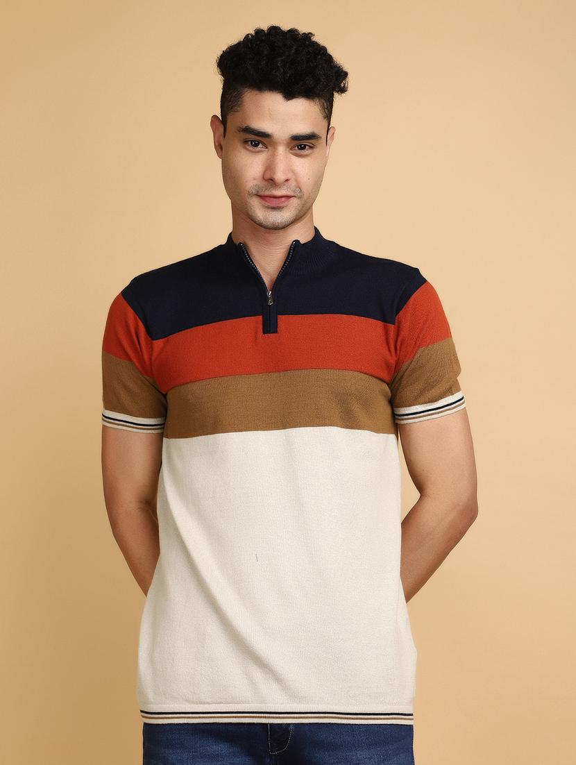 men multi colored regular fit color block high neck t-shirt