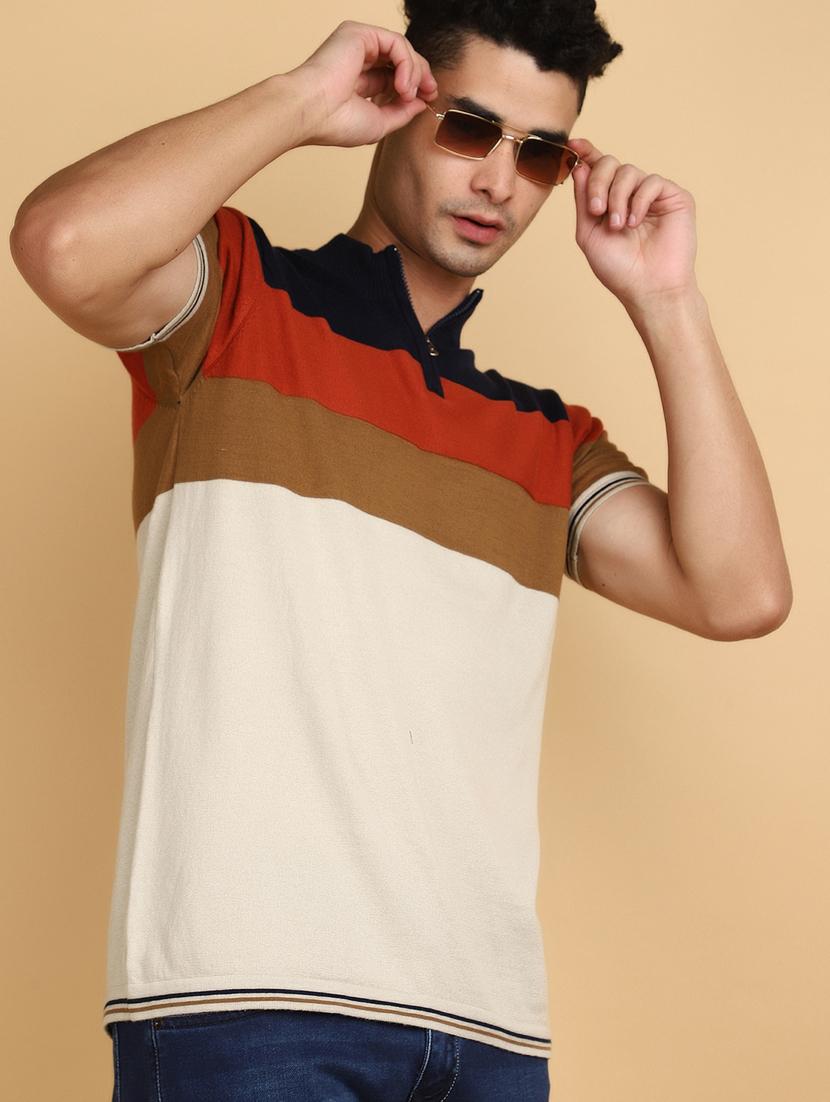 men multi colored regular fit color block high neck t-shirt - 20852300 -  Standard Image - 1
