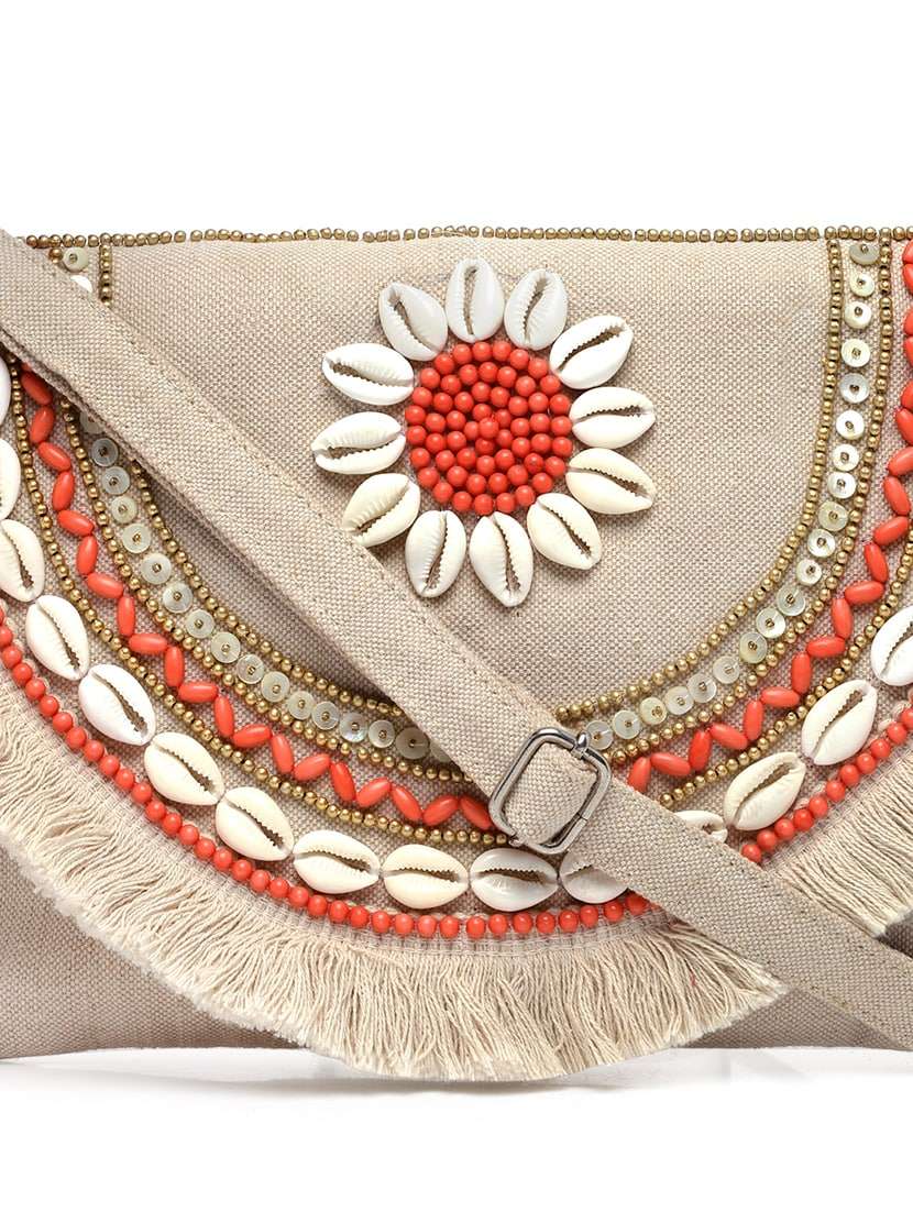 Cream Embellished Sling Bag