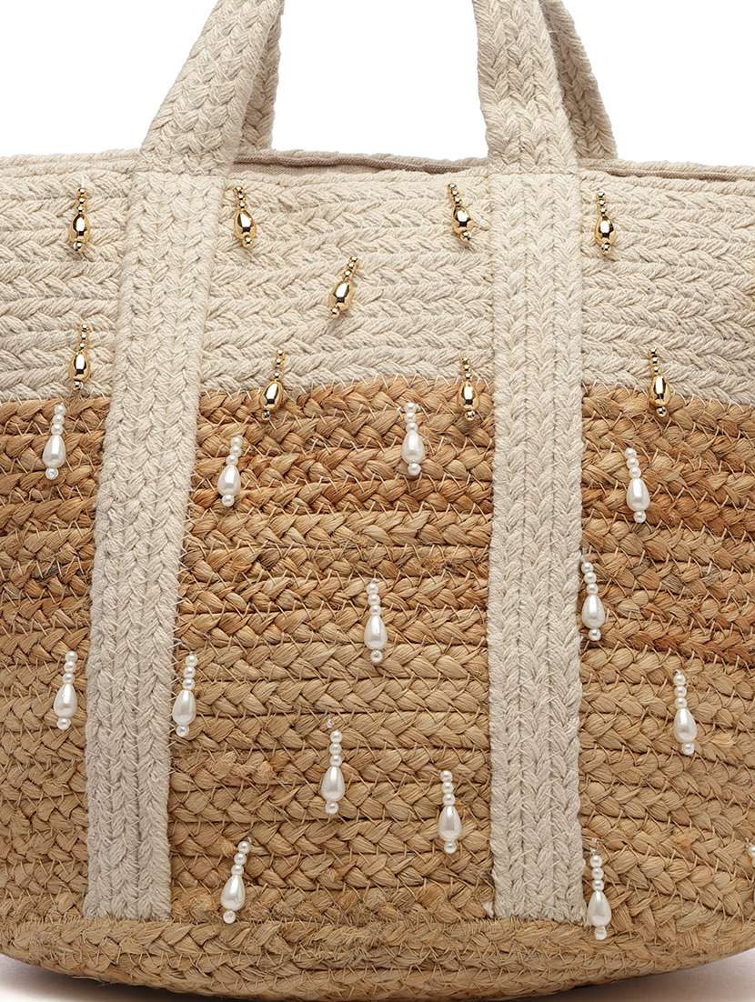 Beige Jute Embellished Handbag
