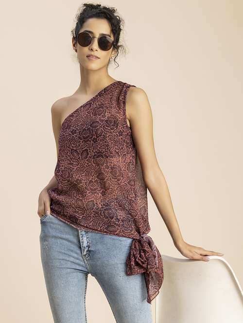 women peach floral printed asymmetric top - 20852434 -  Standard Image - 0