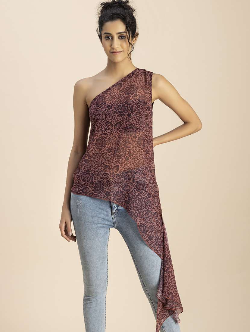 women peach floral printed asymmetric top - 20852434 -  Standard Image - 1