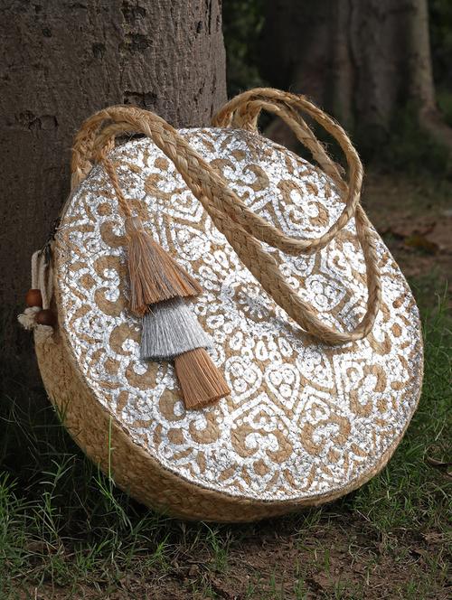 beige jute printed tote bag - 20852458 - Standard Image - 0