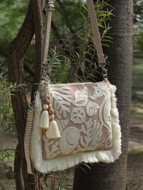 beige embroidered sling bag - 20852463 - Standard Image - 0