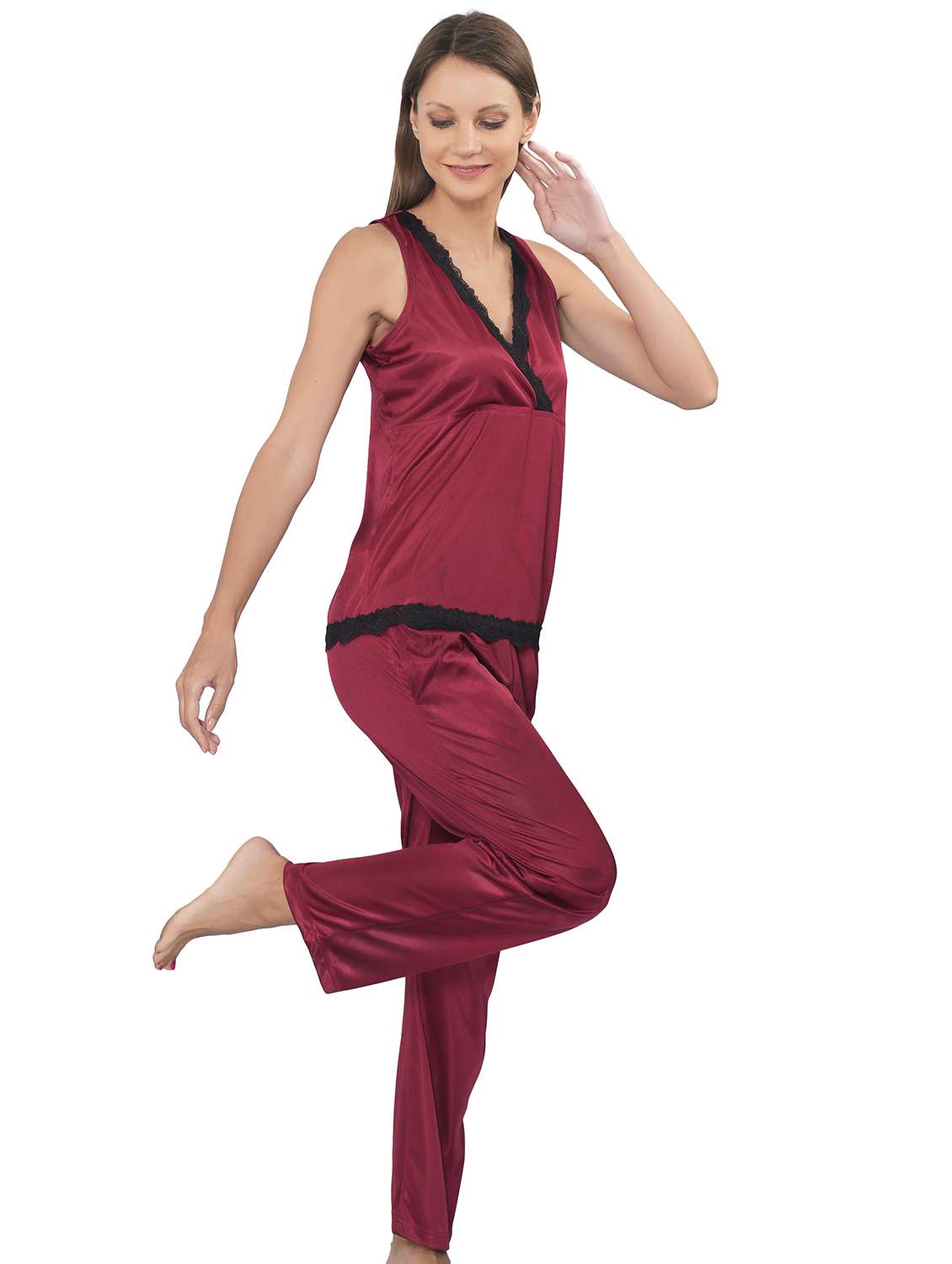 solid lace detailed nightwear pyjama set - 20852753 - Standard Image - 1