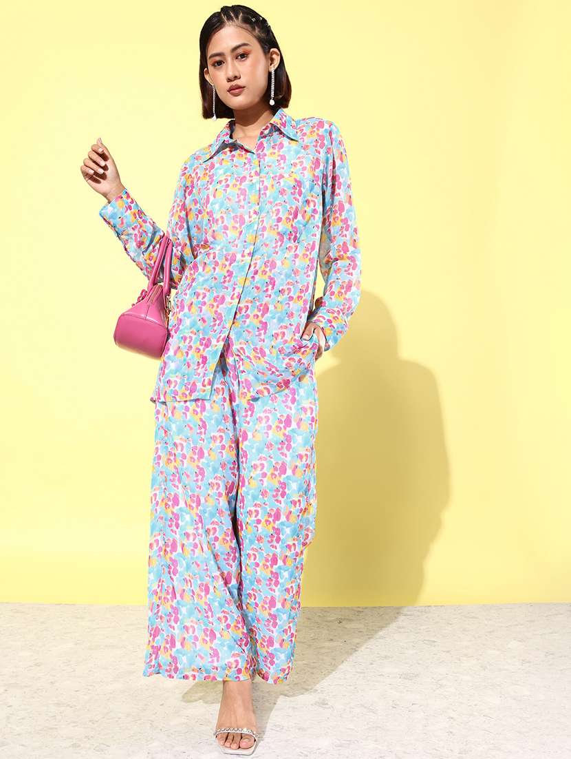 women multicolored printed shirt & trouser co-ord set