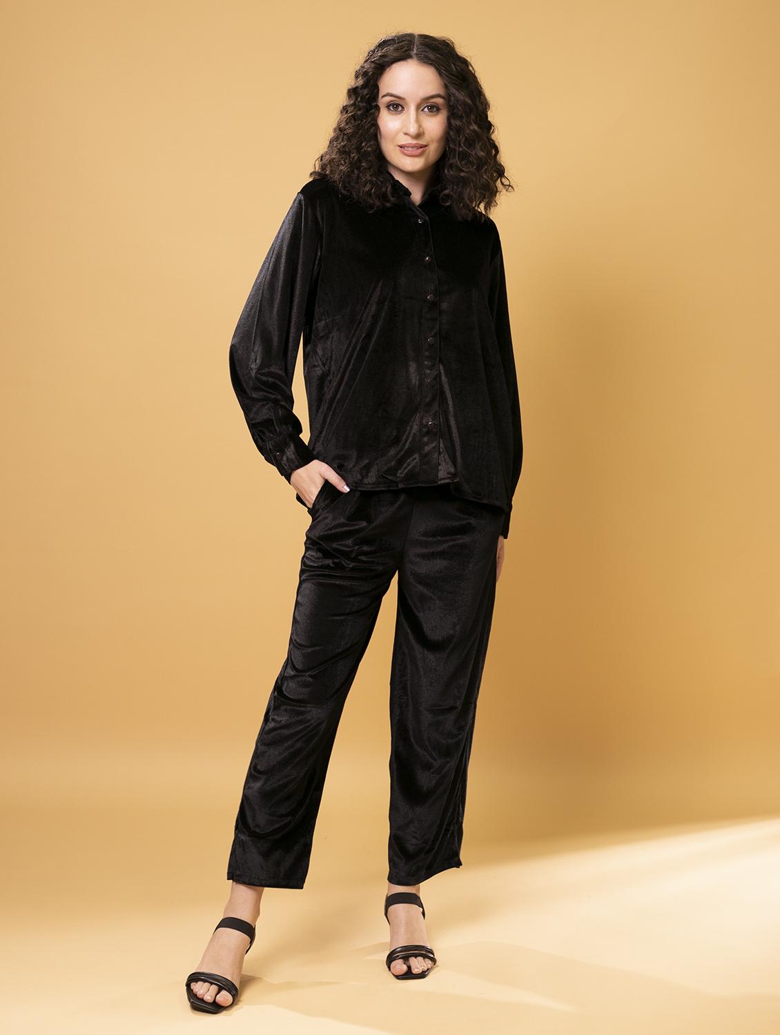solid black velvet shirt & trouser coord set - 20852887 -  Standard Image - 1