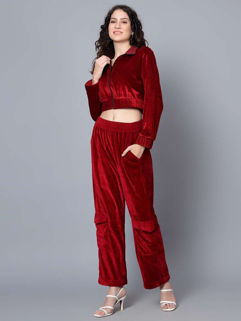 women maroon solid top and trouser co-ord set - 20852891 - Standard Image - 1