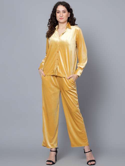 women gold solid shirt and trouser co-ord set - 20852902 -  Standard Image - 0