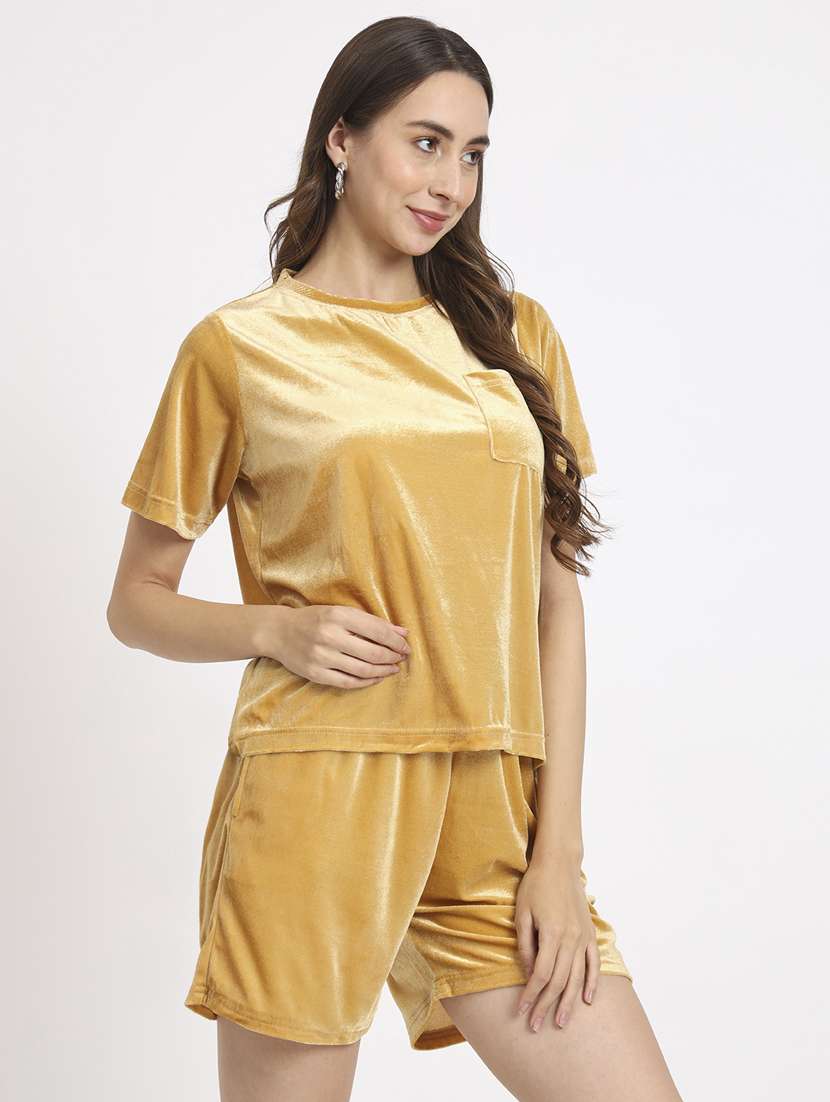 women gold solid top and shorts co-ord set - 20852903 -  Standard Image - 1