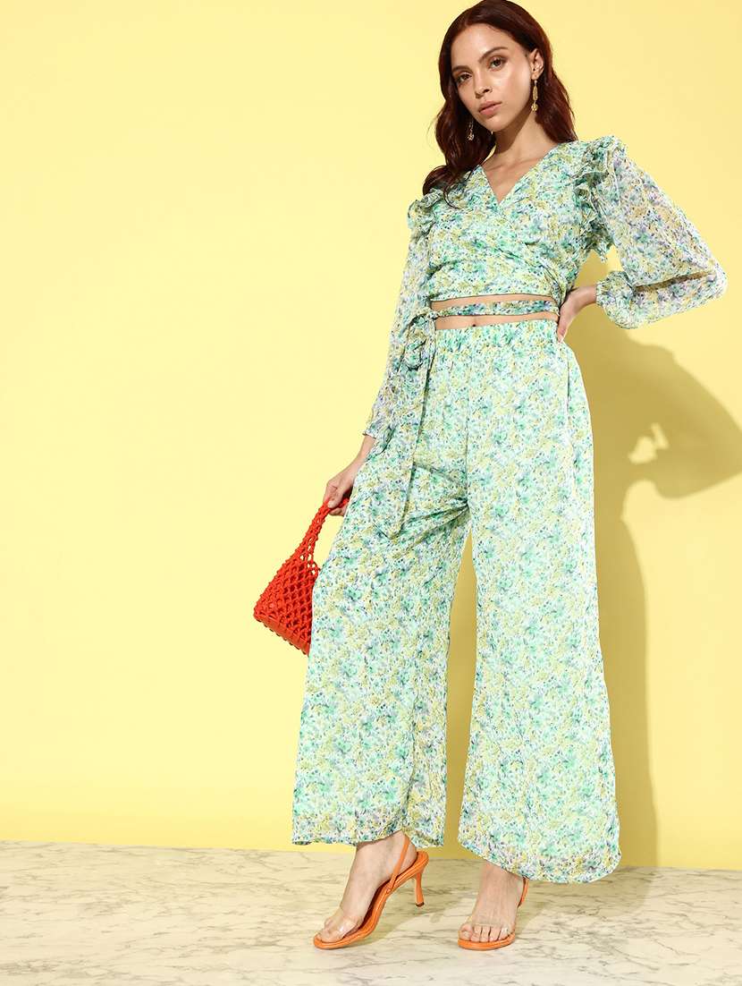 green printed chiffon top & palazzo coord set
