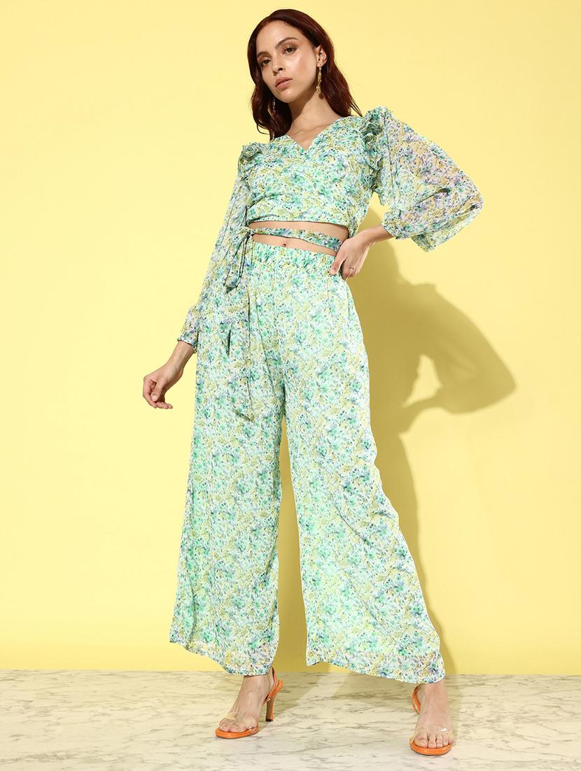 green printed chiffon top & palazzo coord set - 20852907 -  Standard Image - 1