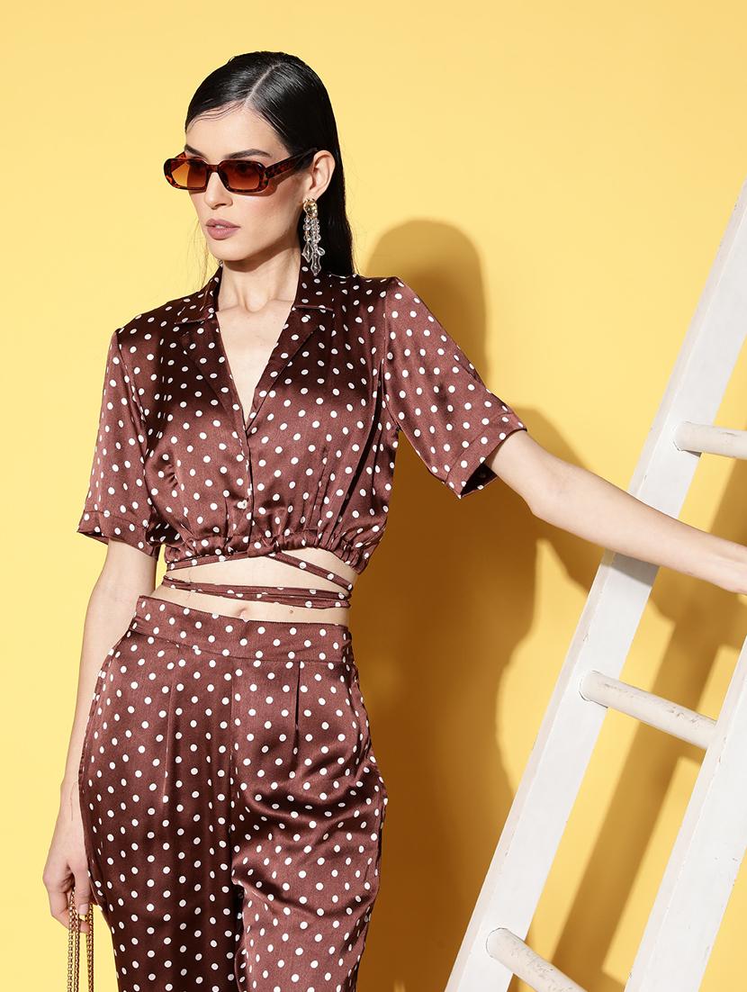 women brown polka dot printed top and trouser co-ord set - 20852912 - Standard Image - 4