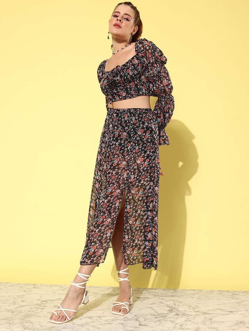women black floral printed top and skirt co-ord set