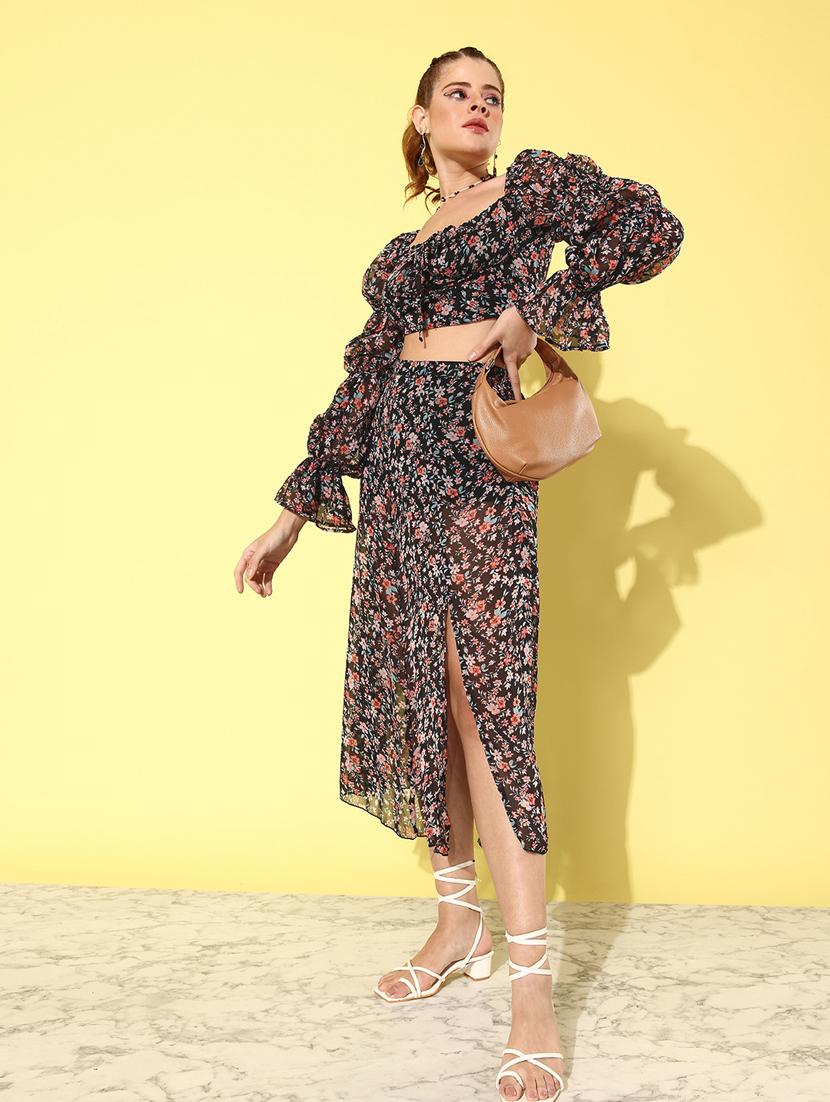 women black floral printed top and skirt co-ord set - 20852928 - Standard Image - 1