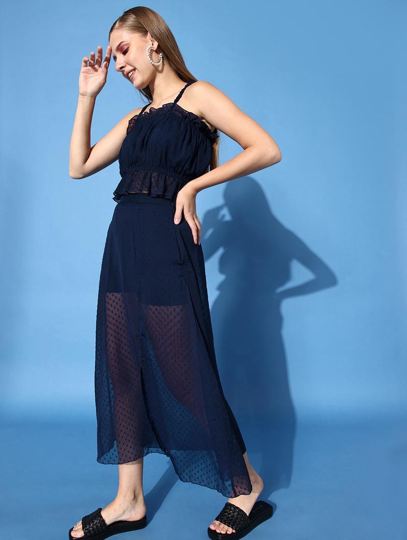 navy blue self design top & skirt coord set - 20852935 - Standard Image - 1