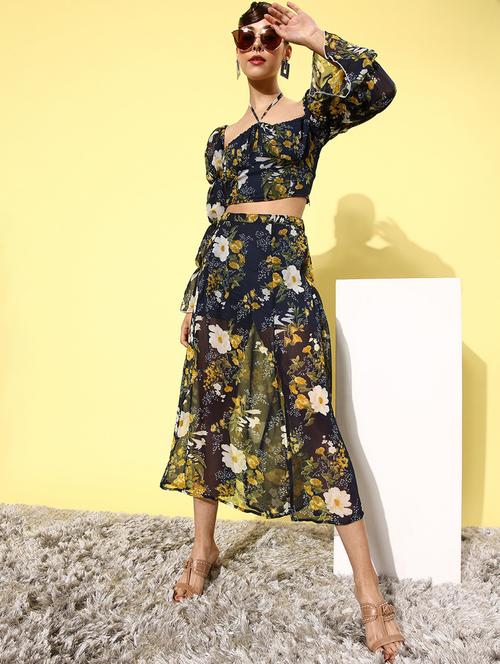 navy blue floral printed top & skirt coord set - 20852938 - Standard Image - 0