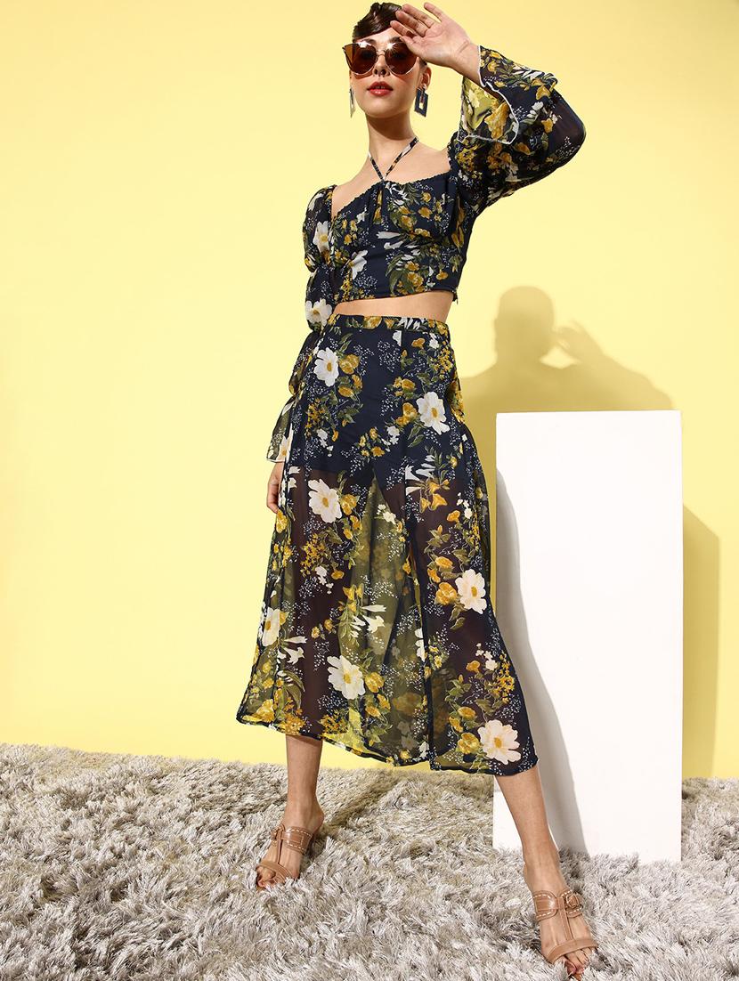 navy blue floral printed top & skirt coord set - 20852938 - Zoom Image - 0