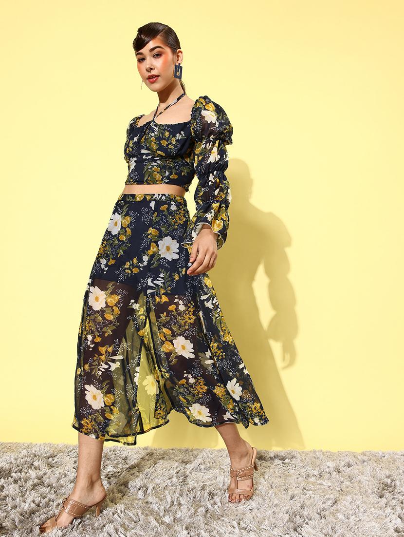 navy blue floral printed top & skirt coord set - 20852938 - Standard Image - 1